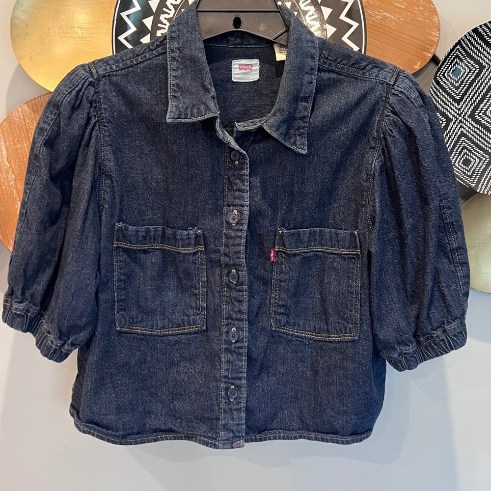 Levis Womens Dark Wash Denim Cropped Puff Sleeve Button Down Top Large